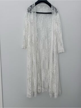 White Floral Lace Duster Kimono Long Cardigan Bridal Robe Festival Boho CoverUp